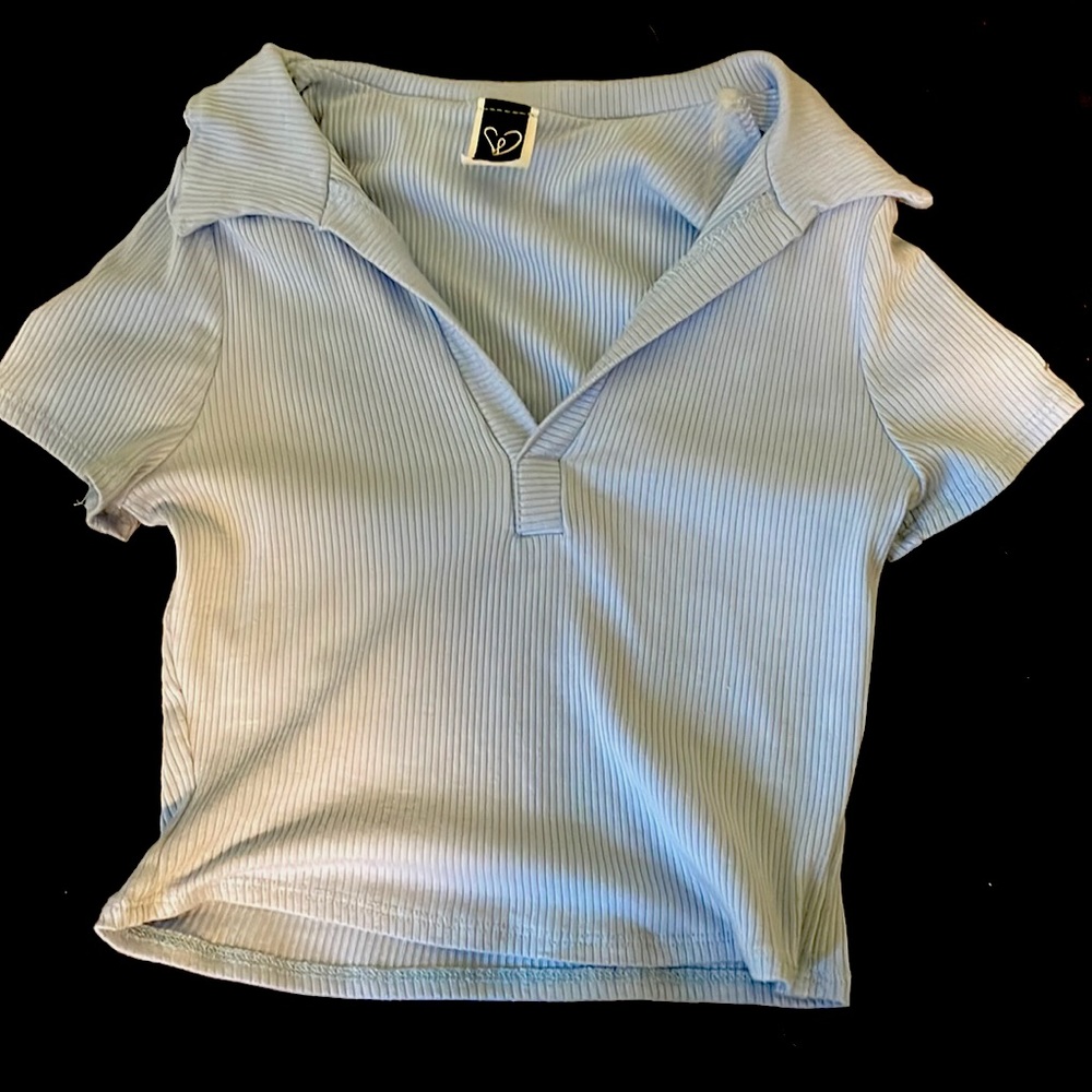 Blue V neck + collar crop top